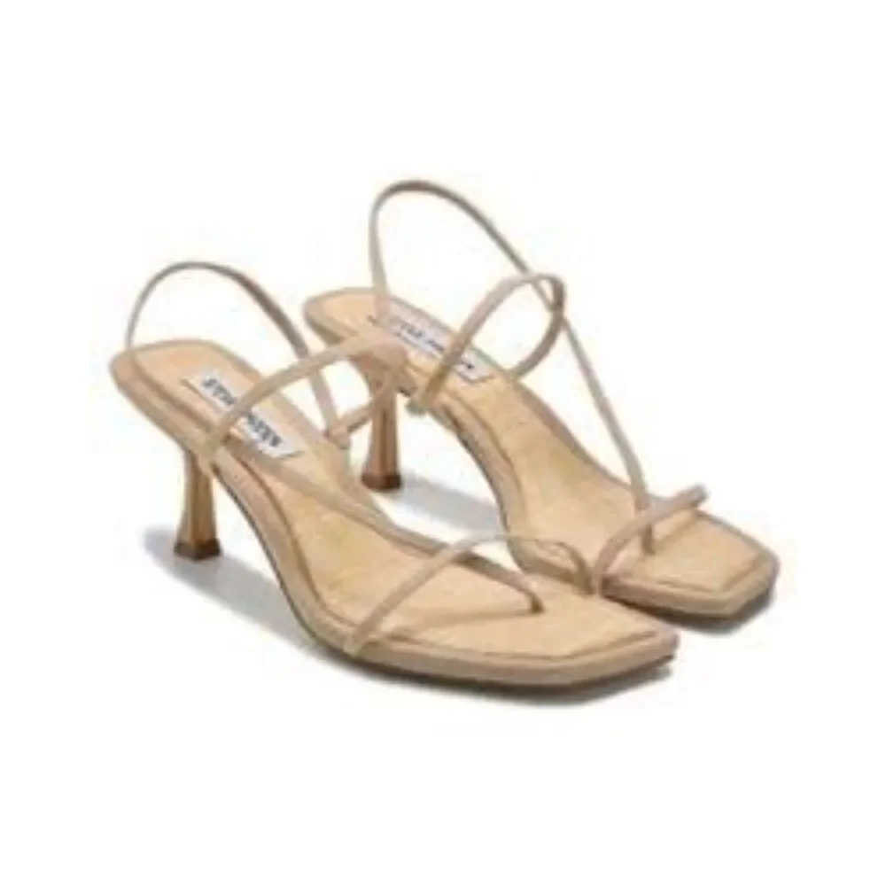 Steve Madden Locke Strappy Sandal Heels Womens 8 Square Toe Taupe Raffia Wrap